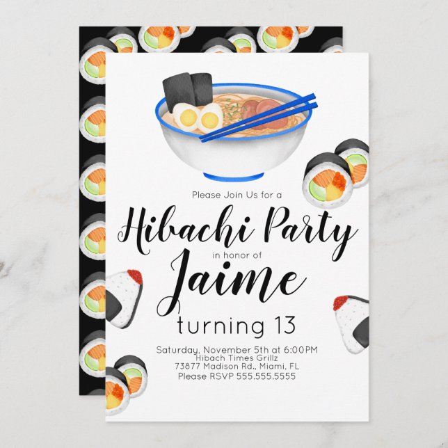 Convite Watercolor Sushi Teen Birthday Hibachi Noodles (Frente/Verso)