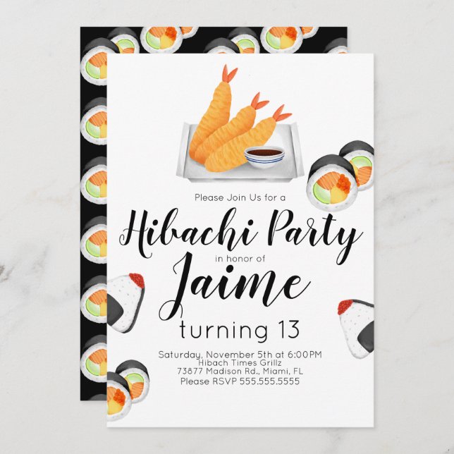 Convite Watercolor Sushi Teen Birthday Hibachi Tempura (Frente/Verso)