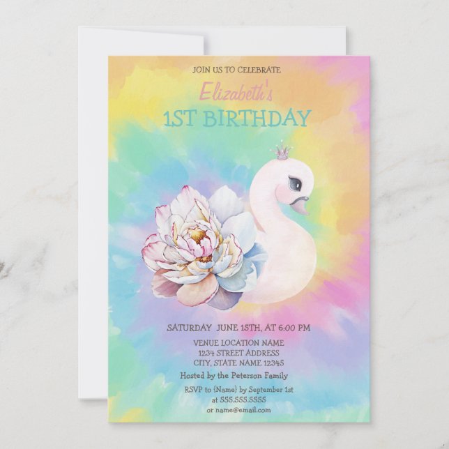Convite Watercolor Swan Flowers Tie Dye Birthday (Frente)