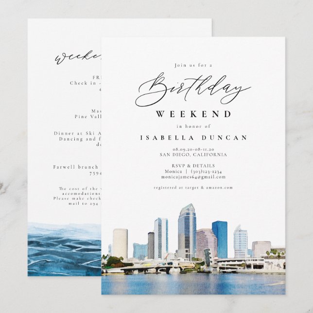 Convite Watercolor Tampa Florida Coast Skyline Birthday (Frente/Verso)