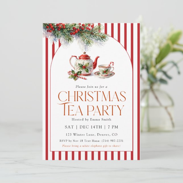 Convite Watercolor Teapot Christmas Tea Party  (Em pé/Frente)