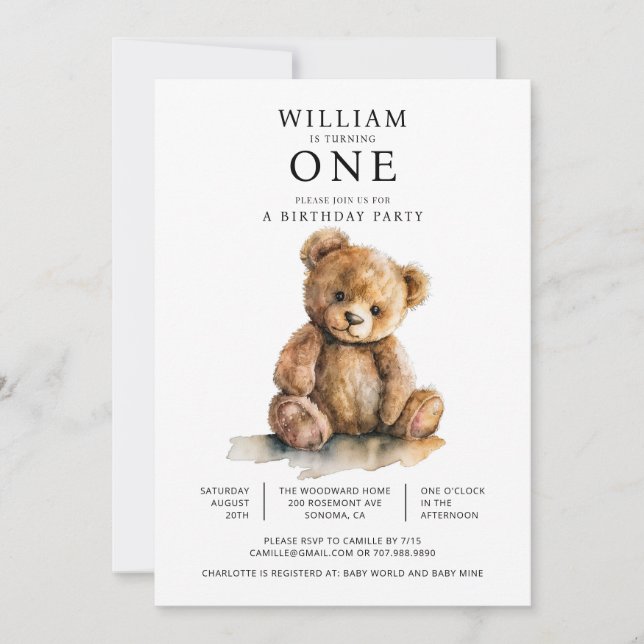 Convite Watercolor Teddy Bear 1st Birthday Party (Frente)