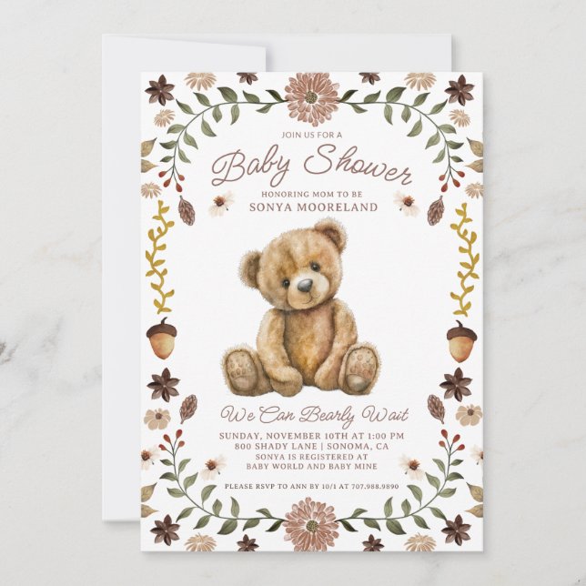Convite Watercolor Teddy Bear Baby Shower (Frente)