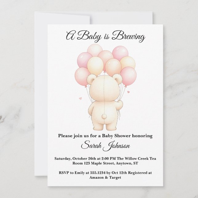 Convite Watercolor Teddy Bear Balloons Baby Shower Invitat (Frente)
