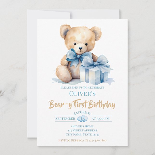 Convite Watercolor Teddy Bear Bear-y First Birthday Party (Frente)