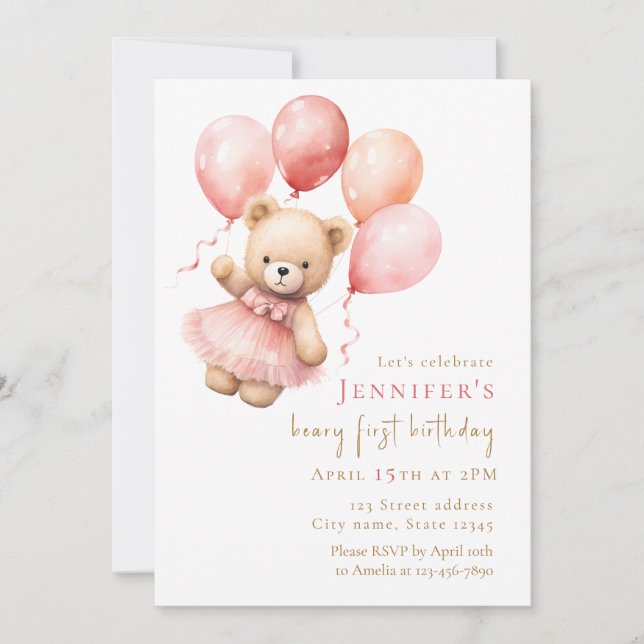 Convite Watercolor Teddy Bear Girl 1st Birthday (Frente)