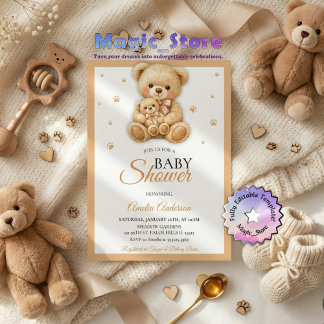 Convite Watercolor Teddy Bear Mommy Cub Paws Baby Shower