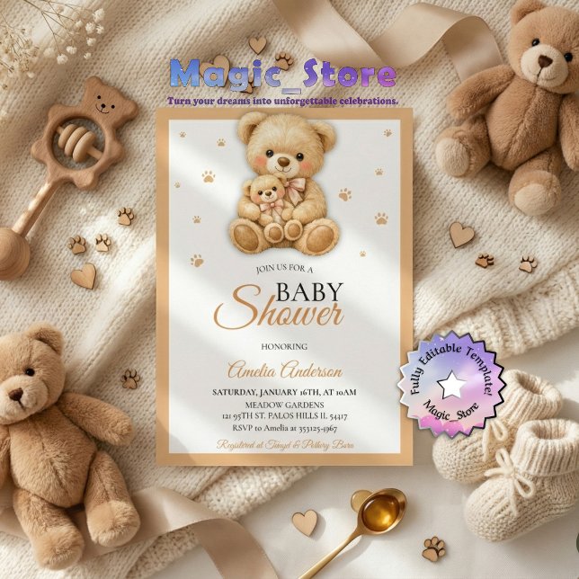 Convite Watercolor Teddy Bear Mommy Cub Paws Baby Shower (Criador carregado)