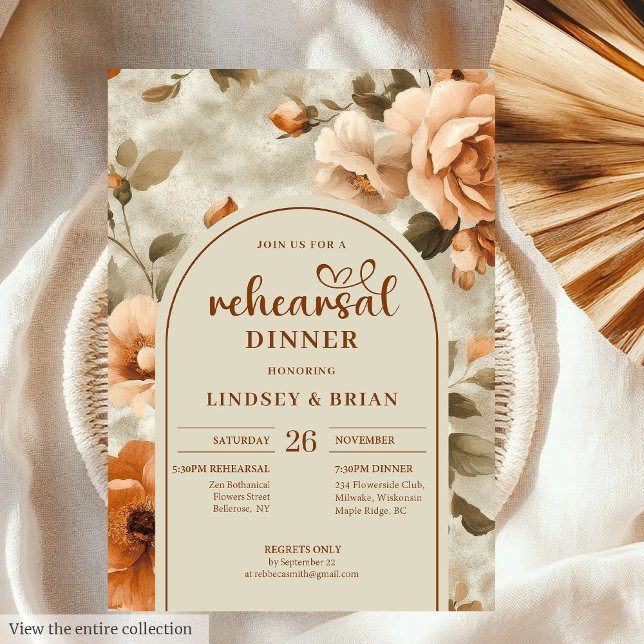Convite Watercolor Terracotta Floral Wedding Rehearsal (Watercolor Terracotta Olive Floral Wedding Rehearsal Invitation)