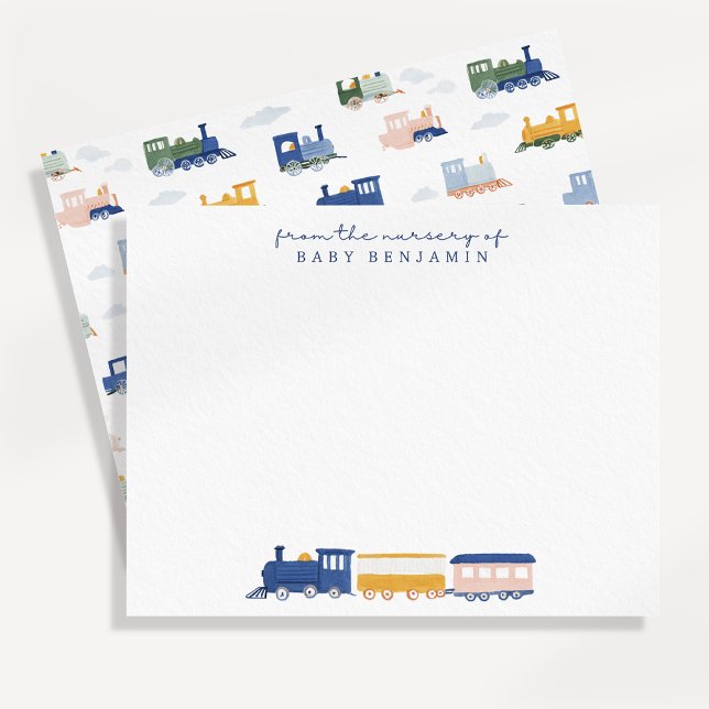 Convite Watercolor Train Baby Boy Nursery Note Card (Criador carregado)