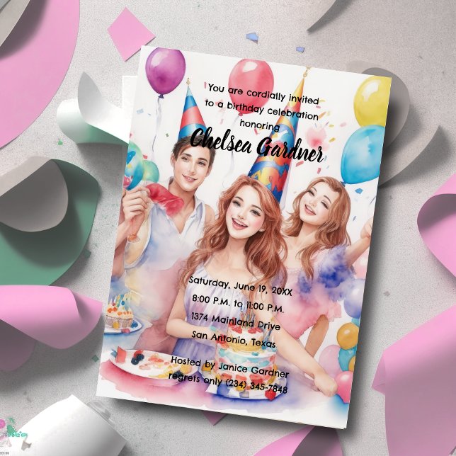 Convite Watercolor Três Pessoas Jovens Celebrando Aniversá (Criador carregado)