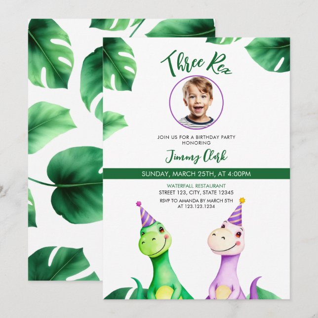 Convite Watercolor Trex Kids Foto Aniversário (Frente/Verso)