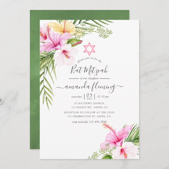 Convite Watercolor Tropical Bat Mitzvah (Frente/Verso)