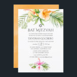 Convite Watercolor Tropical Bat Mitzvah<br><div class="desc">Convite de morcego de praia em aquarela mitzvah com hibisco rosa e laranja projetado para ser rápida e facilmente personalizado de acordo com as especificações de seu evento.</div>