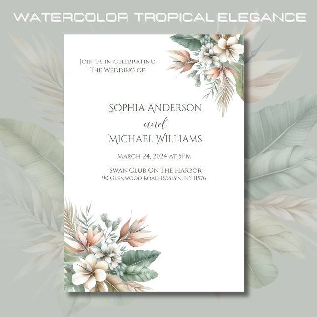 Convite Watercolor Tropical Elegance-Wedding (Watercolor Tropical Elegance Wedding Collection- Sage Green and Peach)