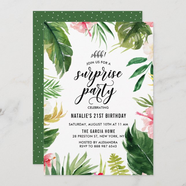 Convite Watercolor Tropical Floral Frame Surprise Party (Frente/Verso)