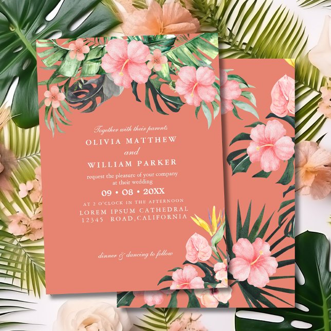 Convite Watercolor Tropical floral Summer Beach Wedding (Criador carregado)