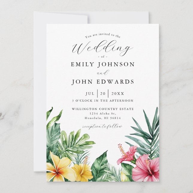 Convite Watercolor Tropical Flowers Greenery Wedding (Frente)