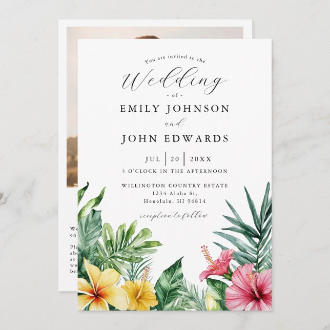 Convite Watercolor Tropical Flowers Photo QR Code Casament (Frente/Verso)