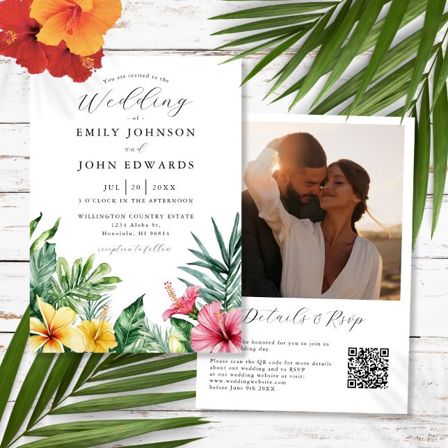Convite Watercolor Tropical Flowers Photo QR Code Casament (Watercolor Tropical Flowers Photo QR Code Wedding Invitation)