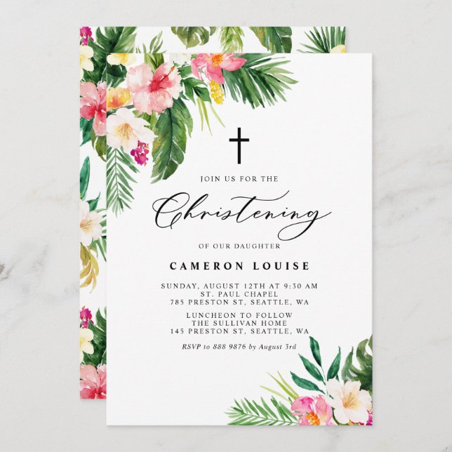 Convite Watercolor Tropical Flowers Summer Christening (Frente/Verso)