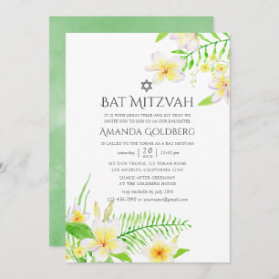 Convite Watercolor Tropical Frangipani Bat Mitzvah