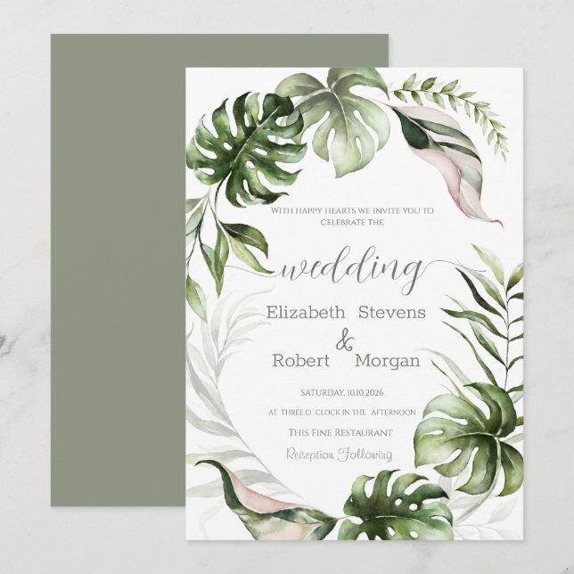 Convite Watercolor Tropical Leaves Greenery  Wedding (Frente/Verso)