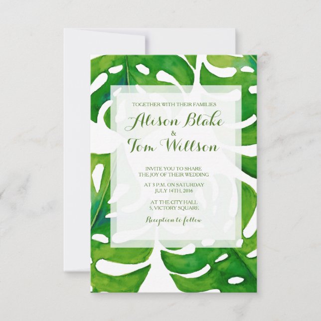 Convite Watercolor tropical leaves wedding invitation (Frente)