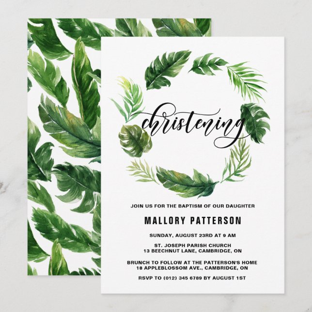 Convite Watercolor Tropical Leaves Wreath Christening (Frente/Verso)