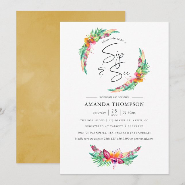 Convite Watercolor Tropical Summer Beach Sip and See (Frente/Verso)