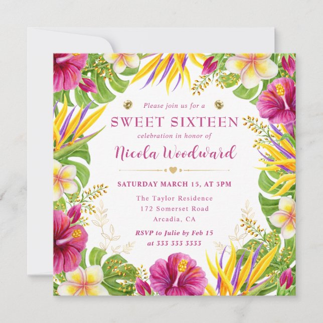 Convite Watercolor Tropical Summer Flowers Frame Sweet 16 (Frente)
