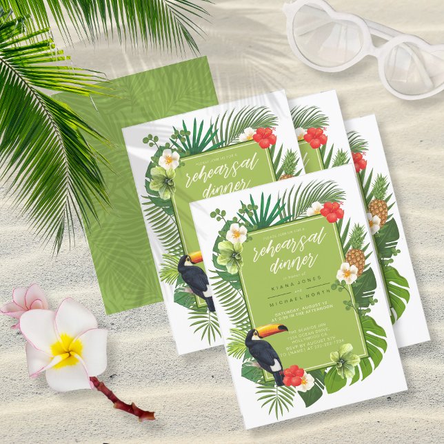 Convite Watercolor Tropical w/Toucan Retest Green ID577 (Front/Back In Situ)