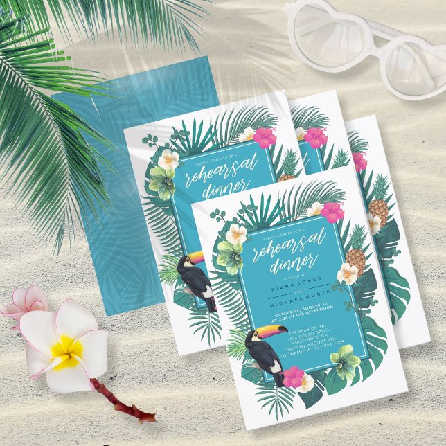 Convite Watercolor Tropical w/Toucan Retest Teal ID577 (Front/Back In Situ)