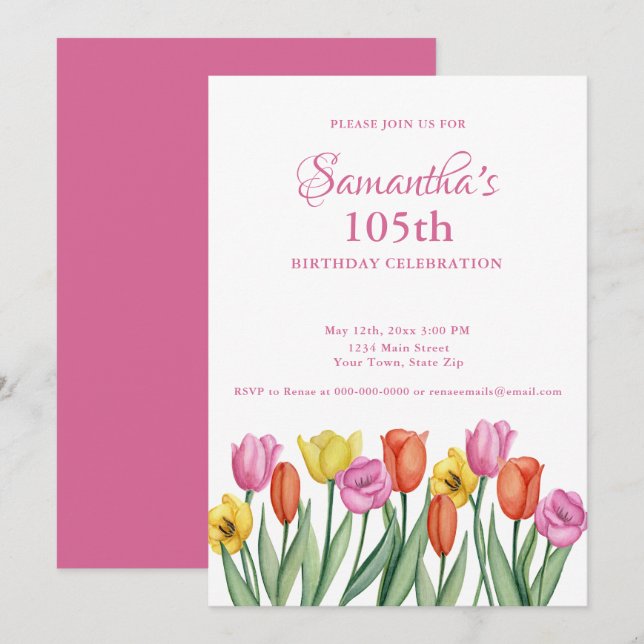 Convite Watercolor Tulips 105th Birthday Party (Frente/Verso)