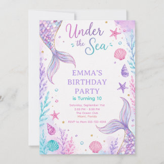 Convite Watercolor Under the Sea Mermaid Birthday Invitati