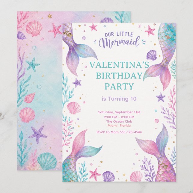Convite Watercolor Under The Sea Party Invite  (Frente/Verso)