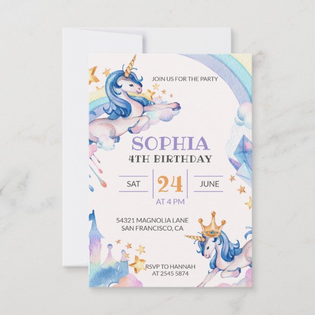 Convite Watercolor Unicorn Birthday (Frente)