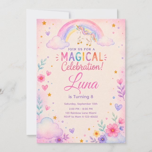 Convite Watercolor Unicorn Party Invite (Frente)