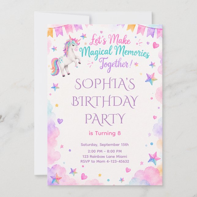 Convite Watercolor Unicorn Pink Party Invite (Frente)