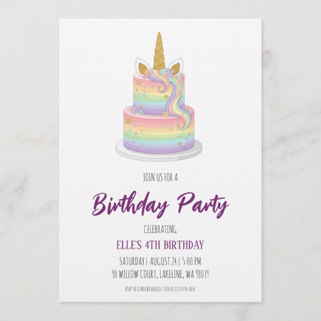 Convite watercolor unicorn rainbow birthday invitation (Frente)
