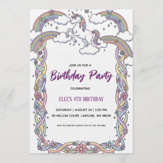 Convite watercolor unicorn rainbow birthday invitation