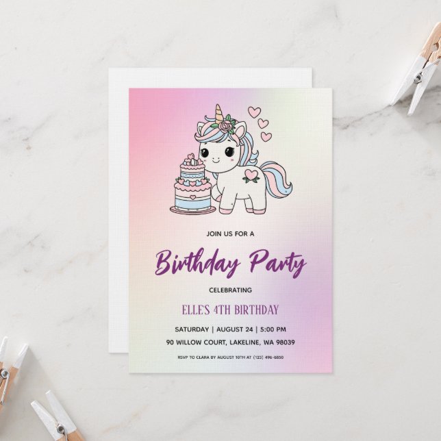 Convite watercolor unicorn rainbow birthday invitation (Frente/Verso In Situ)