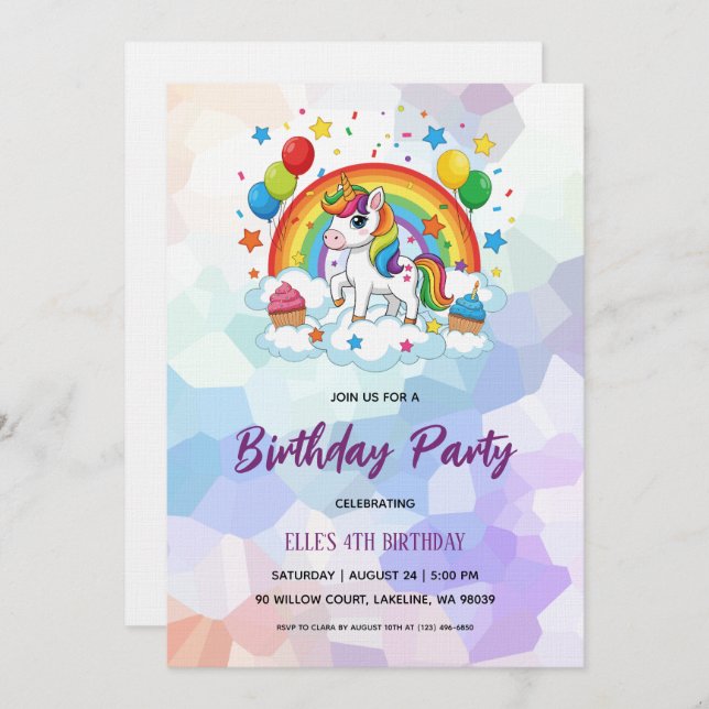 Convite watercolor unicorn rainbow birthday invitation (Frente/Verso)