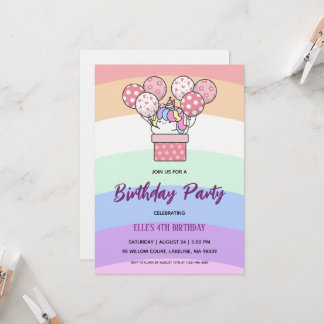 Convite watercolor unicorn rainbow birthday invitation