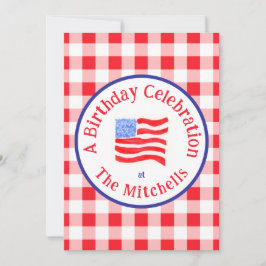 Convite Watercolor USA Flag BIRTHDAY Red White Blue Check 