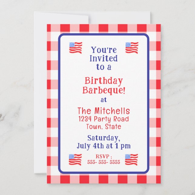 Convite Watercolor USA Flag BIRTHDAY Red White Blue Check  (Verso)