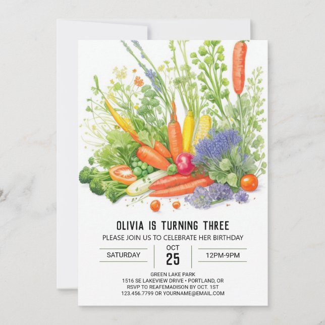 Convite Watercolor Veggie Patch Birthday (Frente)