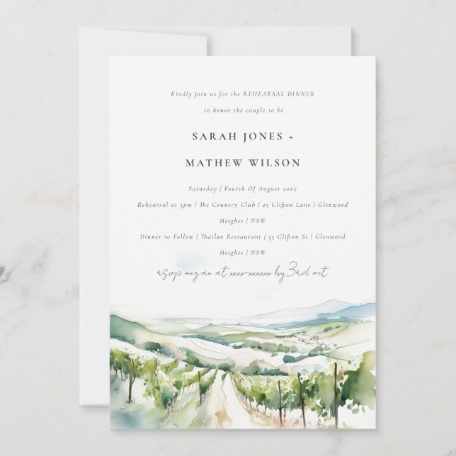 Convite Watercolor Vineyard Landscape Rehearsal Dinner (Frente)