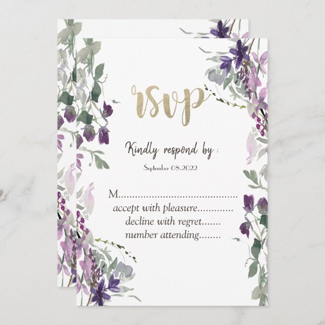 Convite Watercolor Violet Wildflower RSVP (Frente/Verso)