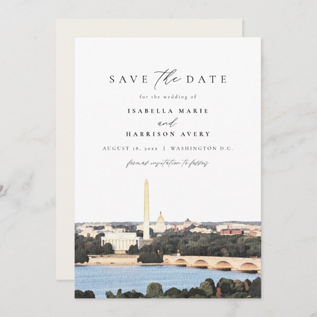 Convite Watercolor Washington Monument DC Salvar a Data (Frente/Verso)